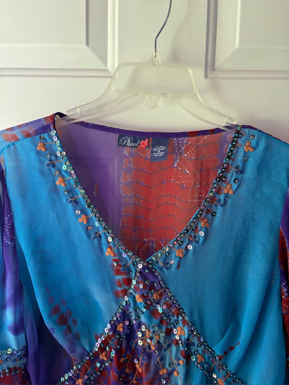 Phool Women's Blue Purple Beaded Tunic Sz 1X sheer colorful boho Gypsy whimsical